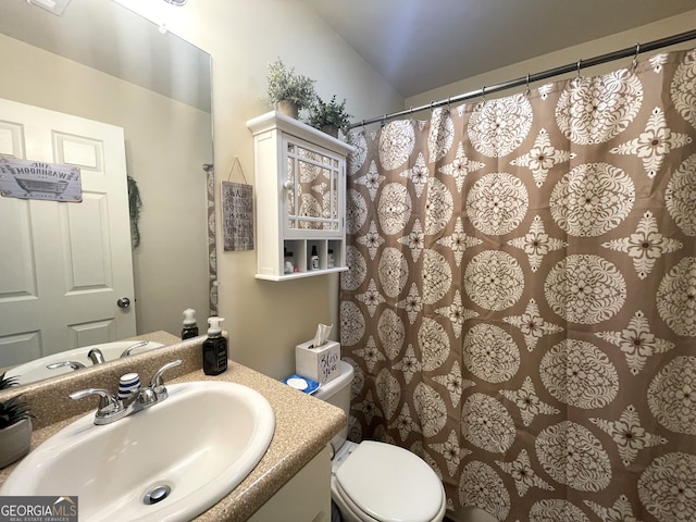 bathroom with toilet, vanity, and vaulted ceiling