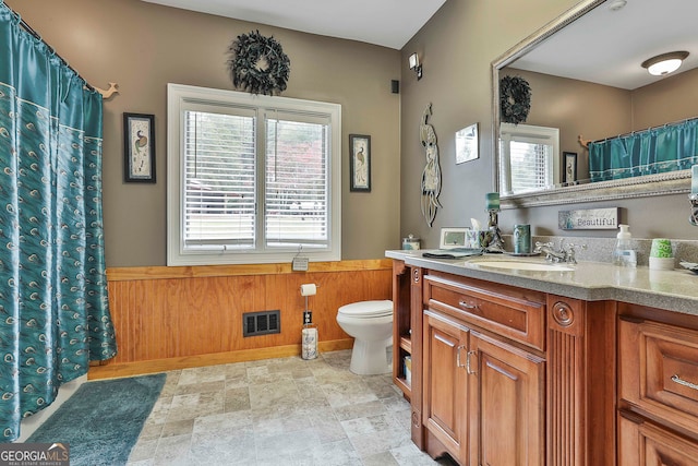 bathroom featuring wood walls, vanity, and toilet