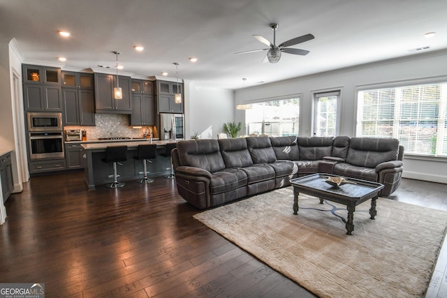 living room featuring dark hardwood / wood-style flooring, a wealth of natural light, and ornamental molding