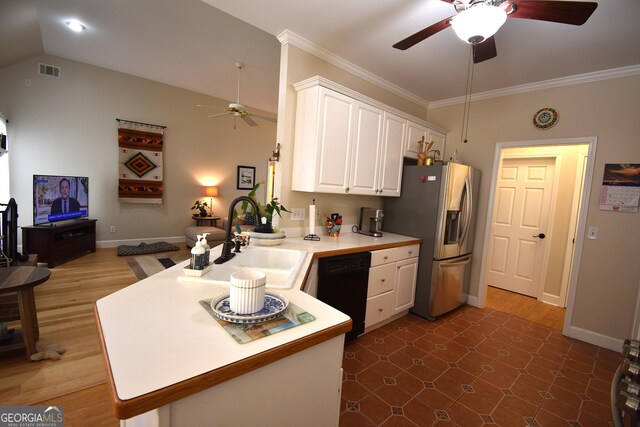 kitchen with black dishwasher, kitchen peninsula, stainless steel refrigerator with ice dispenser, sink, and white cabinets