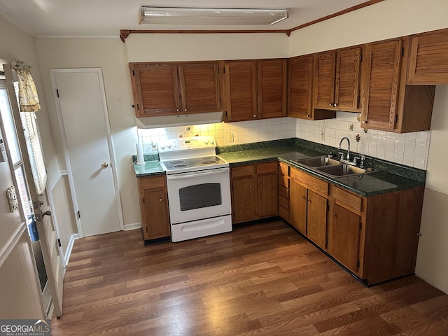 kitchen featuring white electric range oven, tasteful backsplash, dark wood-type flooring, ornamental molding, and sink