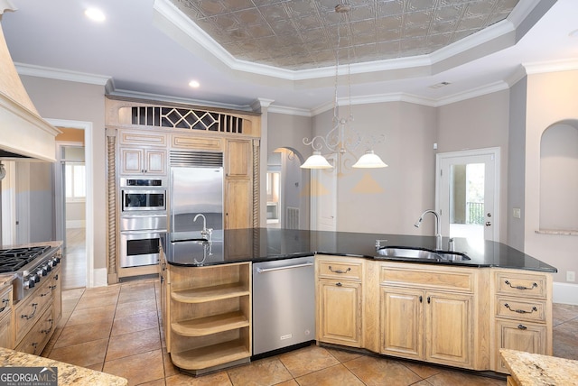 kitchen with appliances with stainless steel finishes, open shelves, a sink, a raised ceiling, and crown molding