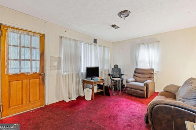 carpeted living room featuring a textured ceiling