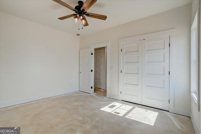 unfurnished bedroom with a closet and ceiling fan