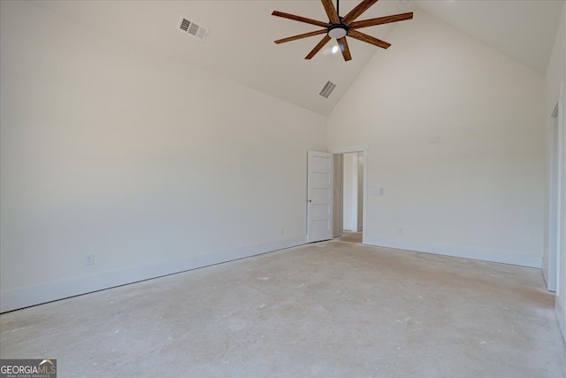 empty room featuring ceiling fan and high vaulted ceiling