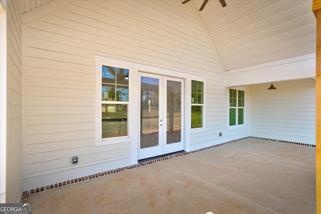 view of patio featuring french doors and ceiling fan