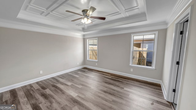 interior space featuring beam ceiling, ceiling fan, coffered ceiling, crown molding, and hardwood / wood-style flooring