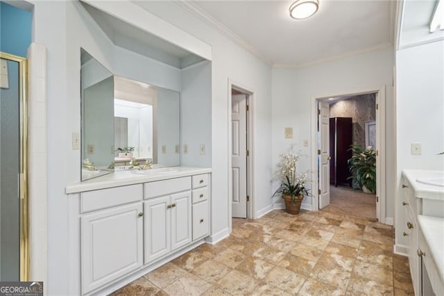 bathroom featuring vanity and ornamental molding