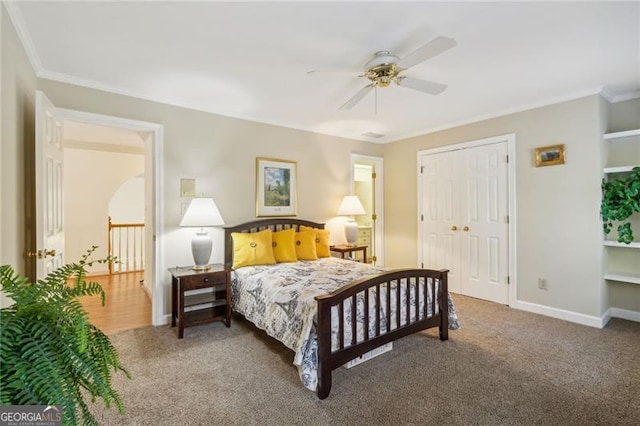 456 N Saint Marys Ln, Marietta, GA 30064 - carpeted bedroom with crown molding, baseboards, and a ceiling fan