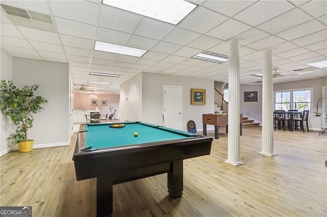 playroom featuring a paneled ceiling, ceiling fan, light hardwood / wood-style flooring, and billiards