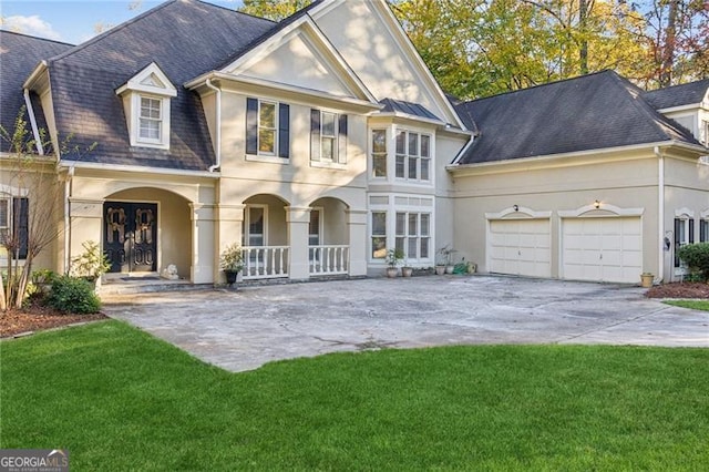 view of front of home featuring a garage, covered porch, and a front yard