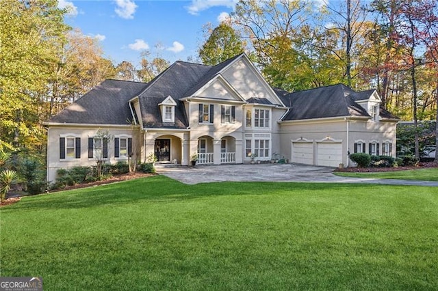 view of front facade featuring covered porch, a garage, a front yard, and french doors