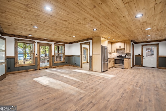 unfurnished living room featuring light wood-type flooring, crown molding, and wooden ceiling