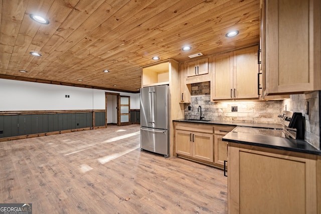 kitchen featuring light hardwood / wood-style flooring, wood ceiling, sink, light brown cabinetry, and high end fridge