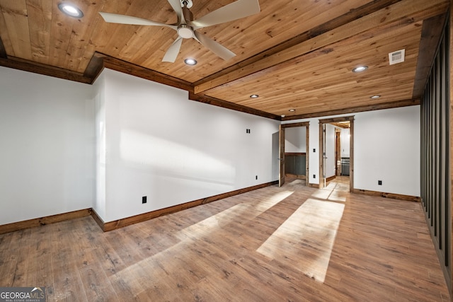 interior space featuring ceiling fan, light hardwood / wood-style floors, crown molding, and wooden ceiling