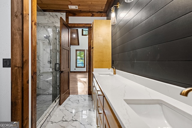 bathroom with wooden ceiling, an enclosed shower, and vanity