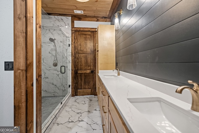 bathroom with vanity, wood ceiling, wood walls, and a shower with shower door