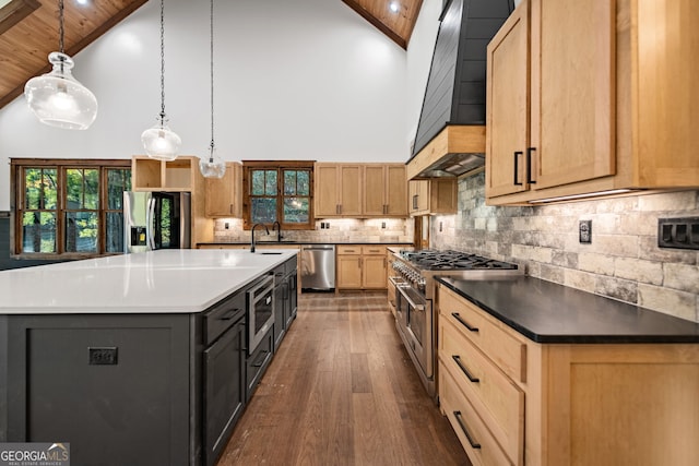 kitchen with an island with sink, stainless steel appliances, wood ceiling, backsplash, and pendant lighting