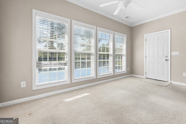 spare room featuring ceiling fan, ornamental molding, and carpet floors