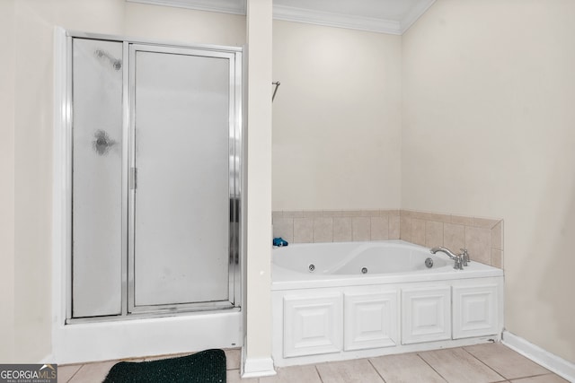 bathroom with crown molding and shower with separate bathtub