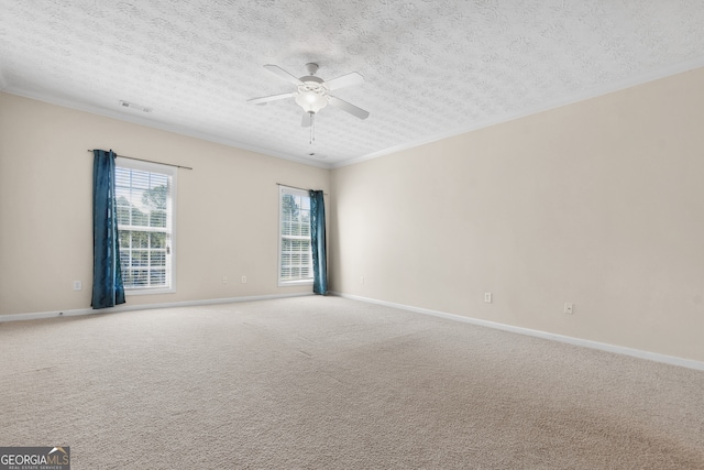 spare room featuring carpet flooring and a textured ceiling