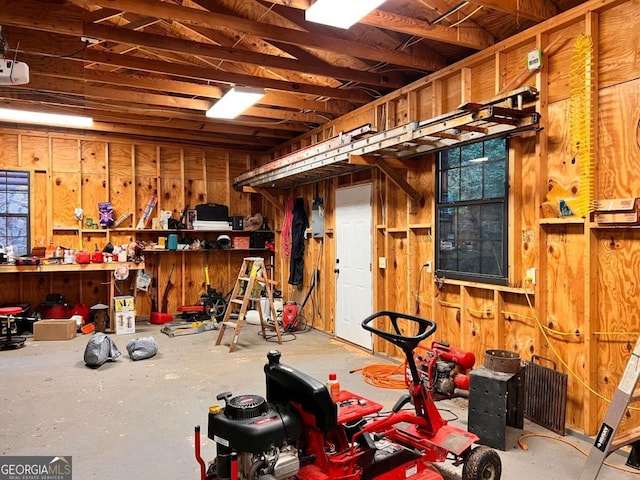 basement with a workshop area