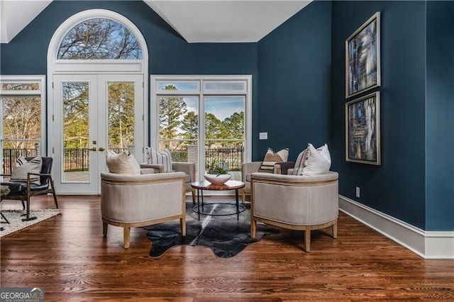 living area featuring french doors, dark hardwood / wood-style floors, and lofted ceiling