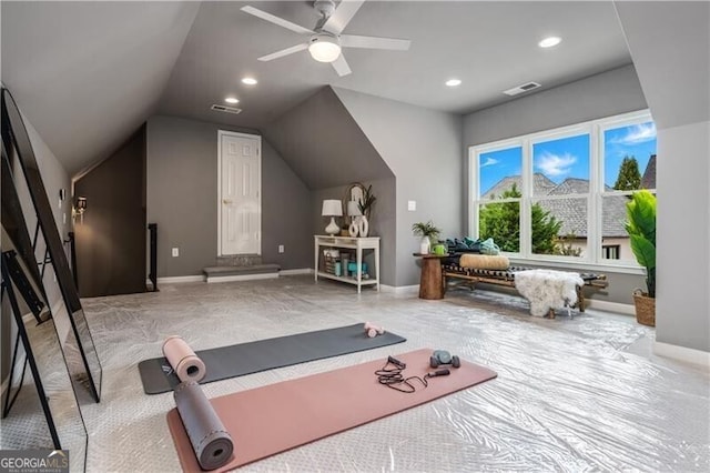 workout room with lofted ceiling, carpet floors, and ceiling fan