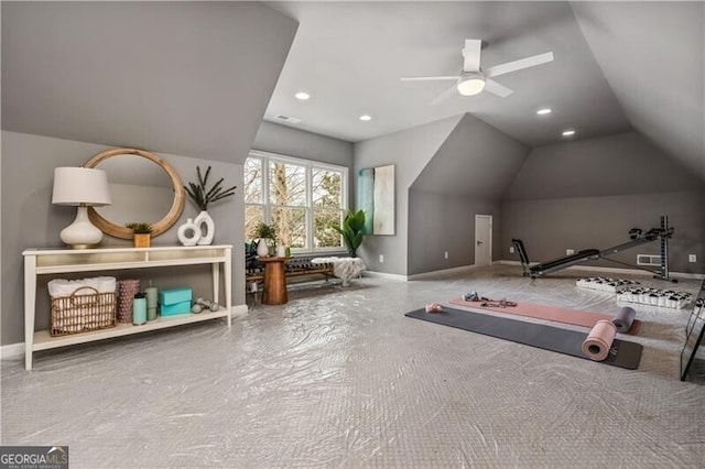 exercise room featuring lofted ceiling and ceiling fan