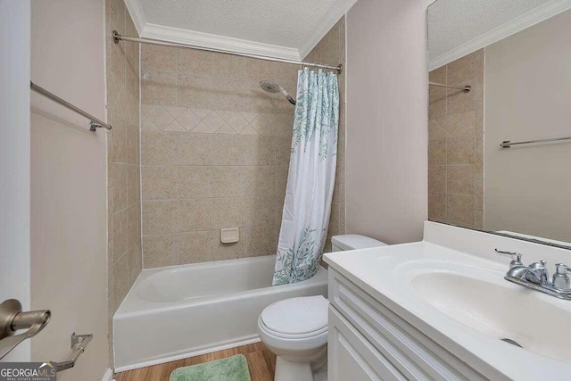 full bathroom featuring vanity, wood-type flooring, a textured ceiling, and toilet