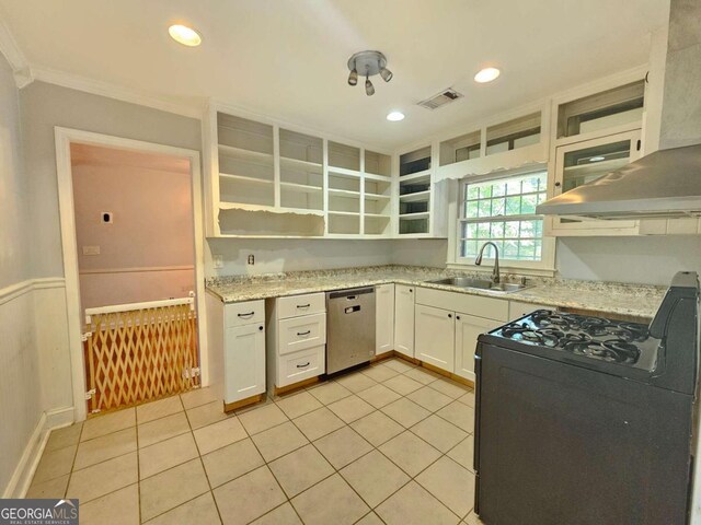 kitchen with black range oven, white cabinets, dishwasher, and light tile patterned floors