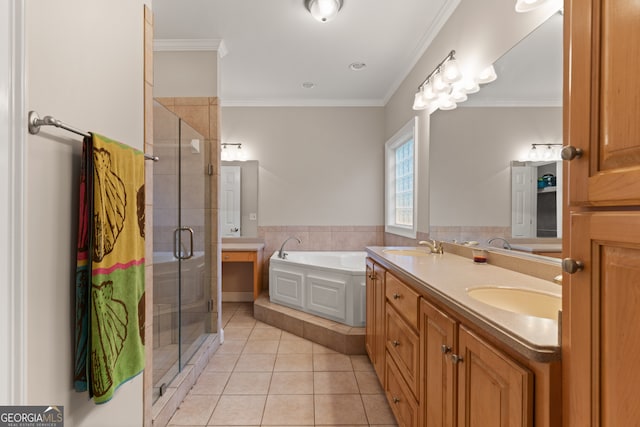 bathroom featuring vanity, ornamental molding, plus walk in shower, and tile patterned floors