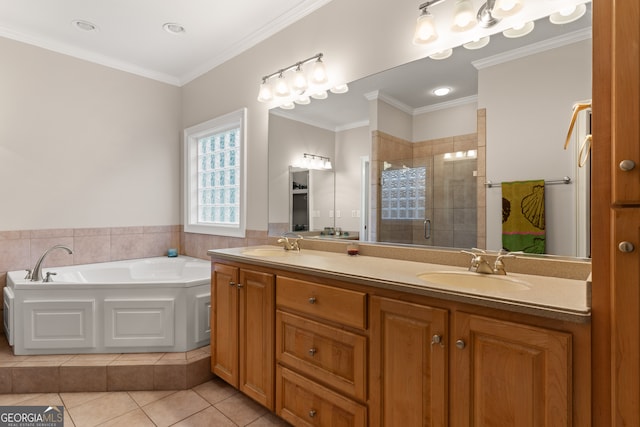 bathroom featuring vanity, ornamental molding, plus walk in shower, and tile patterned flooring