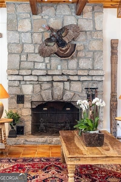 details with a stone fireplace