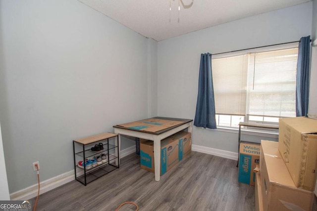 miscellaneous room with a textured ceiling, wood-type flooring, and ceiling fan