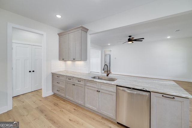 kitchen with light stone countertops, sink, dishwasher, and tasteful backsplash