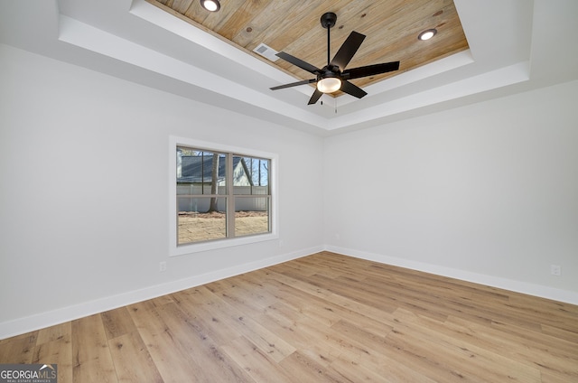 empty room featuring light hardwood / wood-style floors, ceiling fan, a raised ceiling, and wood ceiling