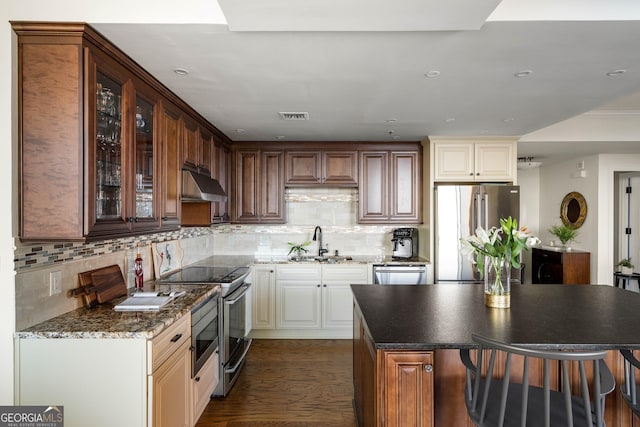 kitchen featuring visible vents, glass insert cabinets, stainless steel appliances, under cabinet range hood, and a sink