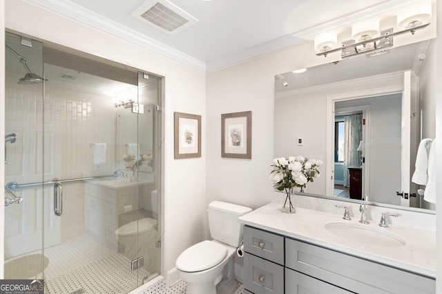 bathroom with visible vents, toilet, ornamental molding, a stall shower, and vanity