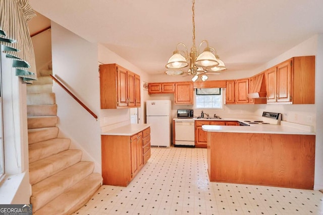 kitchen featuring hanging light fixtures, custom range hood, sink, an inviting chandelier, and white appliances