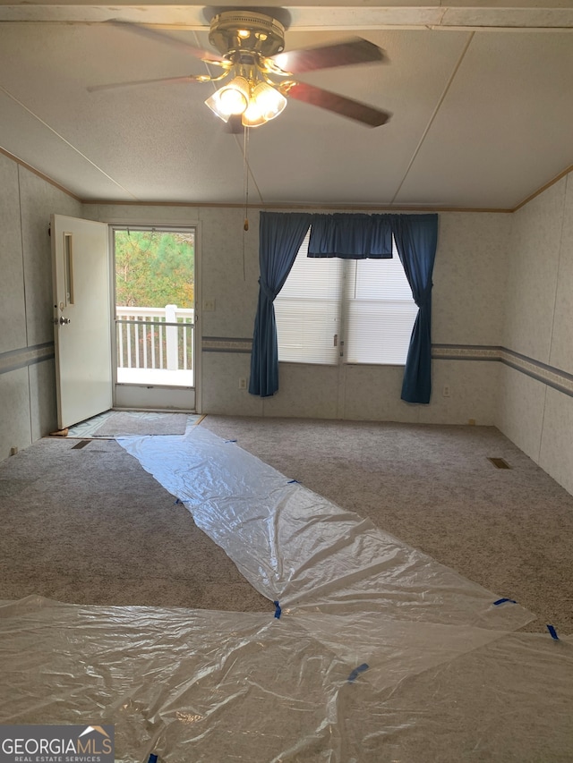 empty room featuring ceiling fan and carpet