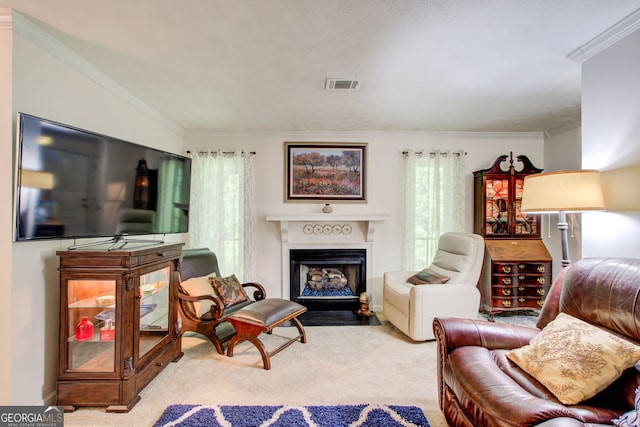 living room with crown molding and carpet floors