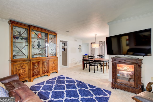 living room featuring a textured ceiling, ornamental molding, and light colored carpet