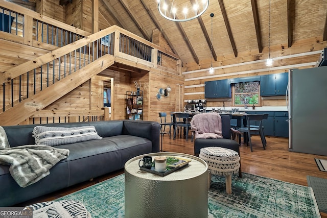 living room featuring high vaulted ceiling, wooden walls, beamed ceiling, dark wood-type flooring, and wooden ceiling