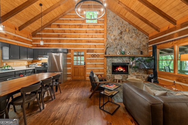 living room with wood ceiling, dark wood-type flooring, high vaulted ceiling, a fireplace, and beamed ceiling