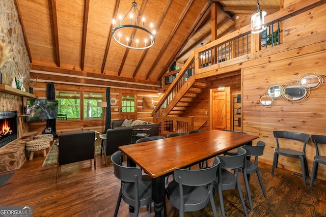 dining area with dark hardwood / wood-style flooring, a stone fireplace, wooden ceiling, and wood walls