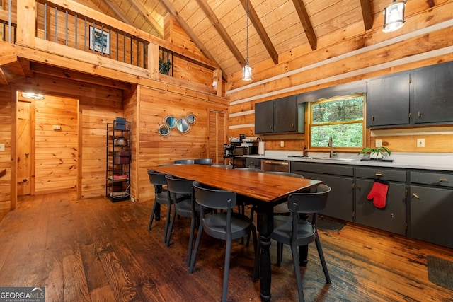 dining space featuring sink, wood ceiling, dark hardwood / wood-style floors, beamed ceiling, and wood walls