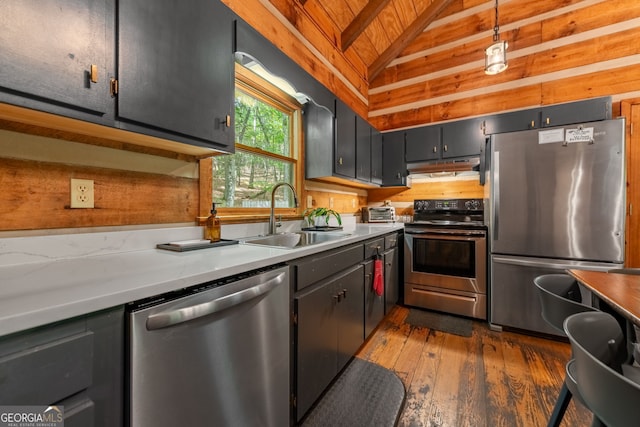 kitchen featuring lofted ceiling, sink, dark wood-type flooring, appliances with stainless steel finishes, and wood walls