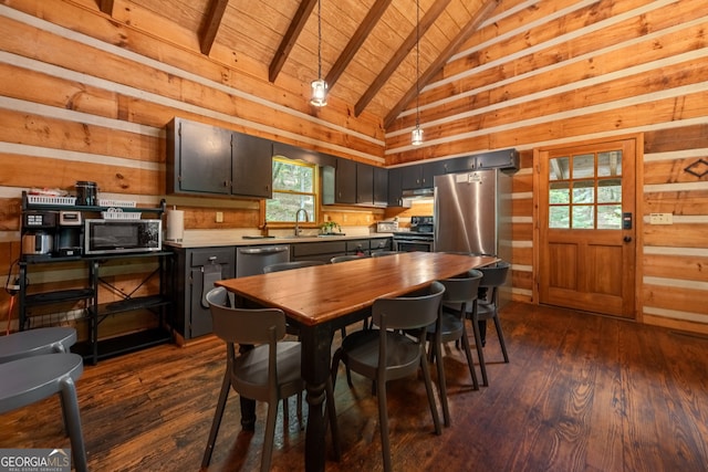 dining space featuring beam ceiling, high vaulted ceiling, dark hardwood / wood-style floors, wooden ceiling, and wood walls