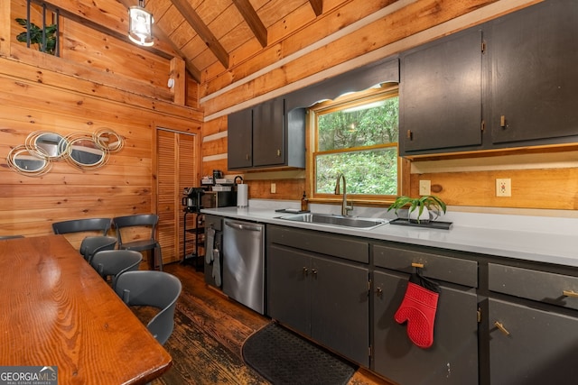 kitchen featuring sink, lofted ceiling with beams, wooden ceiling, stainless steel dishwasher, and wooden walls